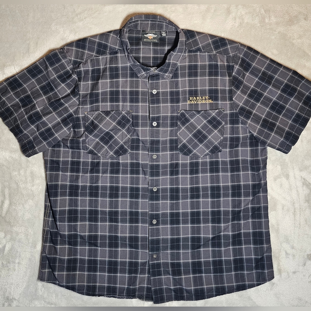 Harley Davidson Short Sleeve Button Up Shirt 3XL Black  Plaid With Flaming Skull